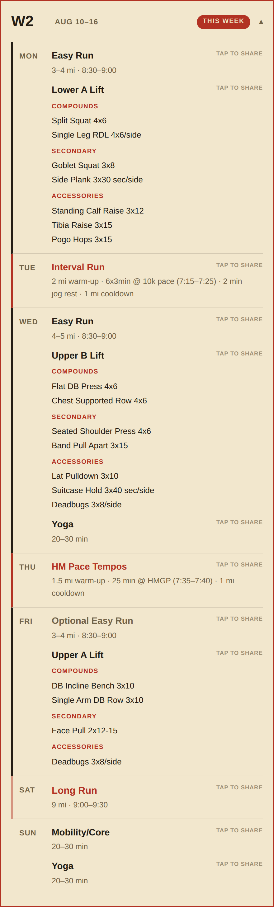 Screenshot of a personalized weekly training plan with lift groups and pace targets